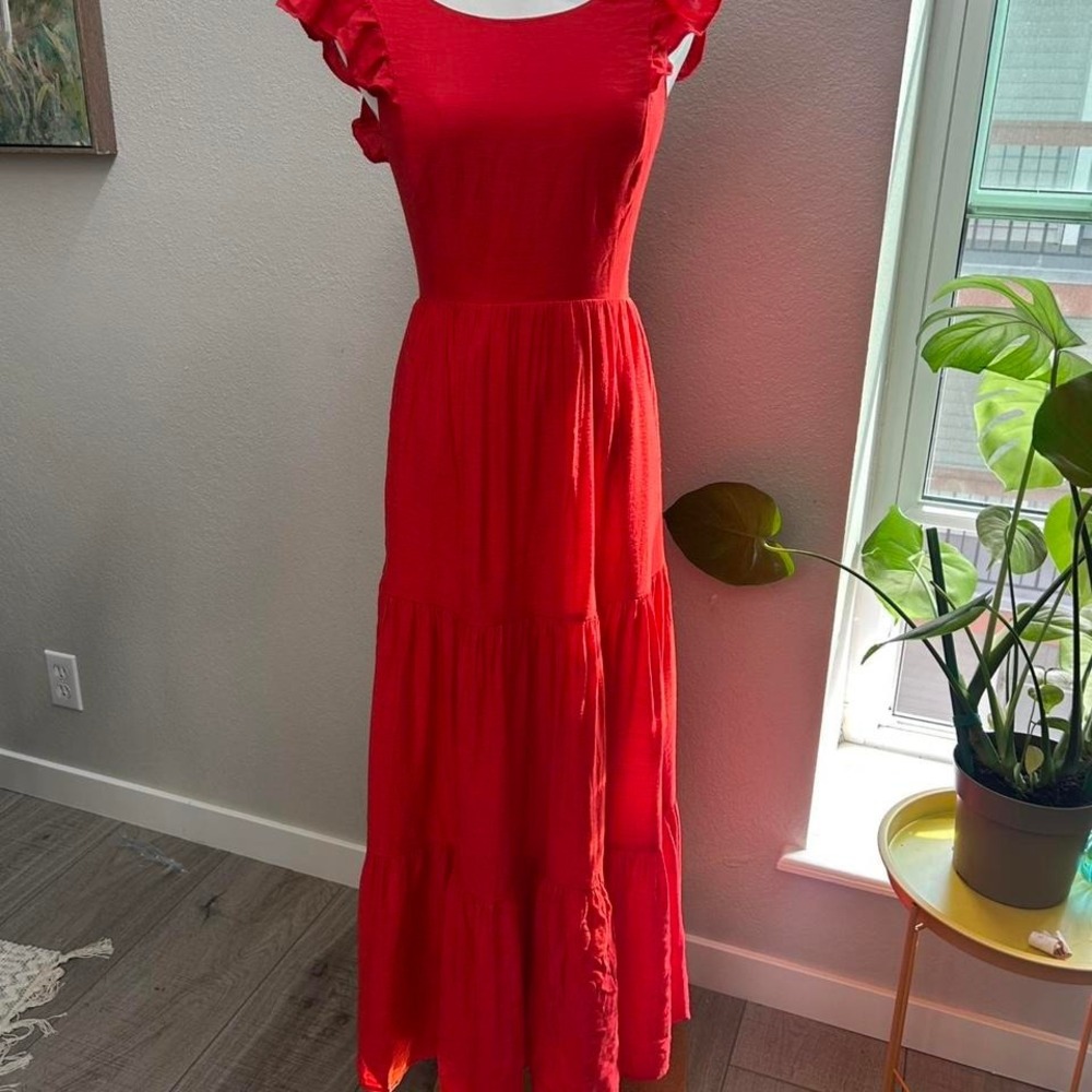 Express‎ Red Ruffle Sleeve Maxi Dress Open Back Tie Tiered Skirt Size XS